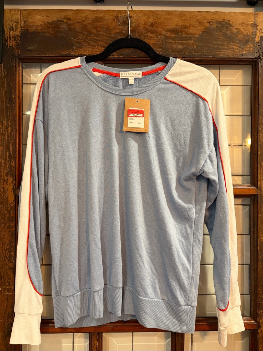 P.J. Salvage Light Blue Crewneck Sweatshirt with White Sleeves and Red Piping